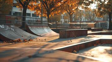 Empty skate park in sunset, leaves on concrete photo