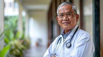 Senior Indonesian doctor in white coat with stethoscope smiles at camera photo