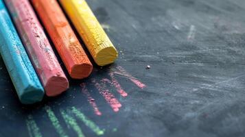 Four colorful chalk sticks lying on a black chalkboard, ready to draw or write photo