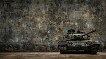 A military tank sits in front of a concrete wall photo