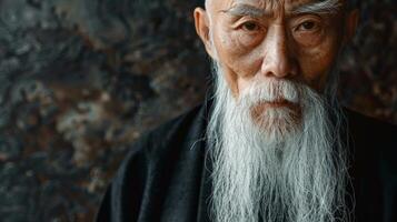 Close-up portrait of a senior kung fu master with a long white beard photo