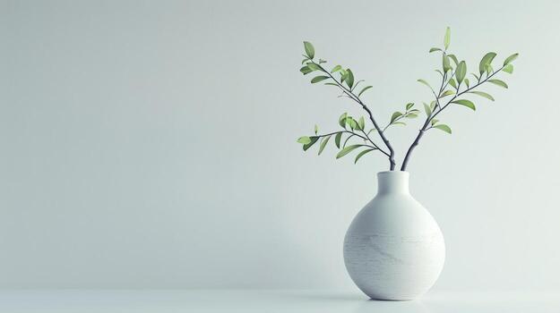 A simple white vase with a green branch on a white surface photo