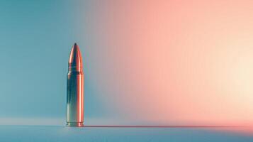 A lone bullet stands upright against a backdrop of pastel blue and pink hues photo
