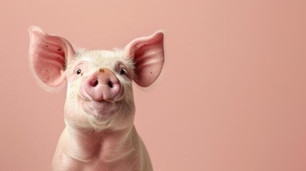 A close-up shot of a pink piglet smiling against a soft pink background photo