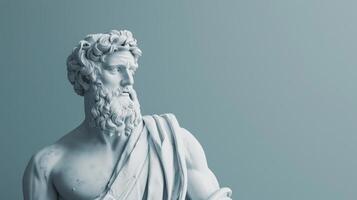 A white marble statue of a Greek god, captured against a soft blue backdrop photo