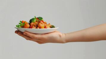 A hand holds a plate of delicious stir-fried food photo