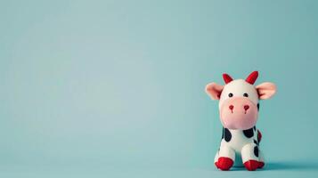 A white and black plush cow toy sits on a blue background photo
