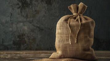 A single burlap sack rests on a wooden surface photo