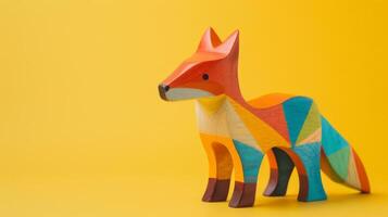 A colorful wooden fox toy stands on a yellow background photo
