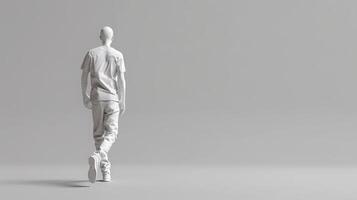 White figure walking away from camera in a white studio photo