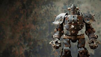 A metallic, steampunk-style robot stands alone against a blurred, camouflaged background photo