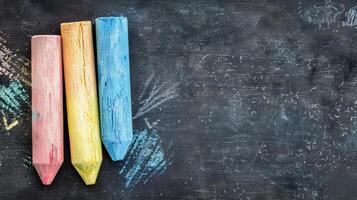 Three colorful chalk sticks on a black chalkboard background photo