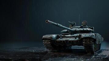 A tank stands poised in the rain, its silhouette stark against the dark sky photo