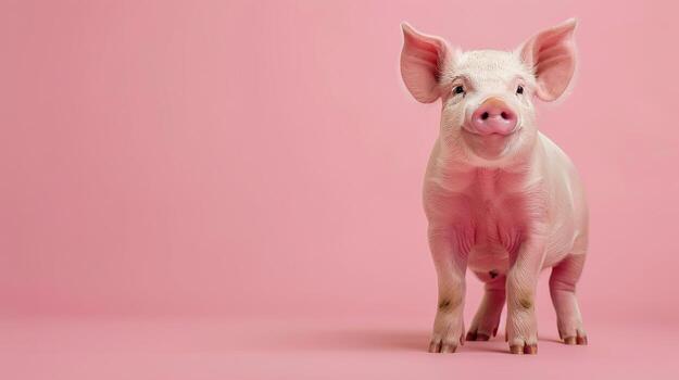 A happy piglet stands on a pink backdrop photo