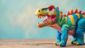 A colorful wooden dinosaur toy, a T-Rex, stands on a wooden surface photo