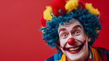 A happy clown with blue and red hair smiles brightly against a solid red background photo