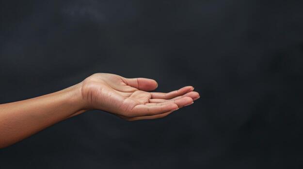 A single hand reaches out, palm open, against a dark backdrop photo