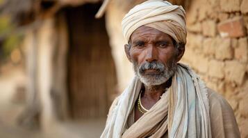 Elderly man in turban stands by mud brick wall in village photo