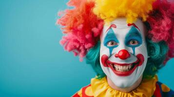 Close-up portrait of a happy clown with colorful makeup and wig photo