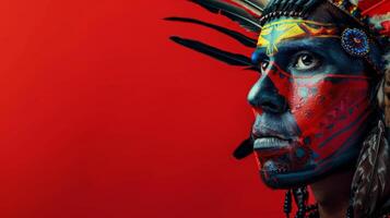 Close-up of an Aztec warriors face with colorful paint photo