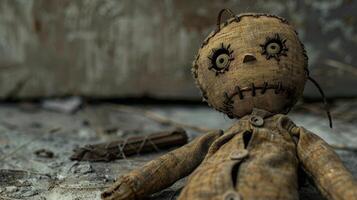 A weathered voodoo doll lays forgotten on a gritty floor photo