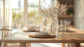 A close-up shot of a dinner table setting with natural light streaming in photo