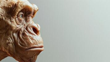 A close-up of a sculpted ape face, looking intensely off-camera photo