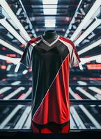 A red and black sports jersey on a mannequin in a futuristic setting photo