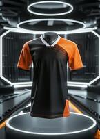 Black and orange jersey with white accents on futuristic platform photo