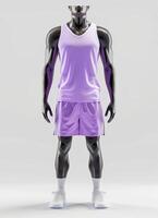 Basketball uniform mockup featuring a purple tank top and shorts photo