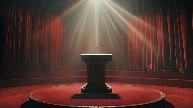 A single podium bathed in light on a red stage photo
