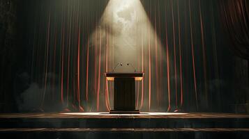 A lone podium sits center stage, illuminated by a single spotlight photo