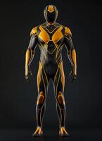 A futuristic character design mockup with black and gold accents photo