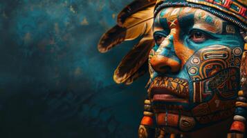 A close-up portrait of an Aztec warrior with intricate face paint photo