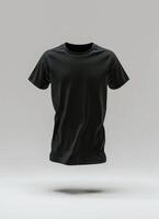 A black t-shirt mockup, floating against a white backdrop photo