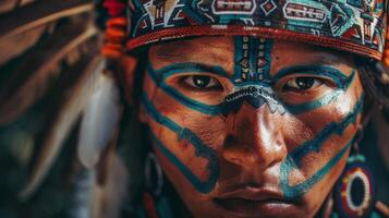 Close-up portrait of an Aztec warrior with traditional face paint photo