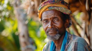 Village elder in colorful head covering gazes serenely at camera photo