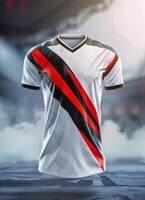 A white jersey mockup with red and black accents photo