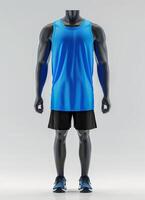 Mannequin wearing a blue tank top and black shorts photo