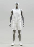 A 3D rendered mockup of a man wearing a white tank top and shorts photo