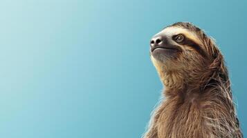 A close-up photo of a sloth looking up against a blue background