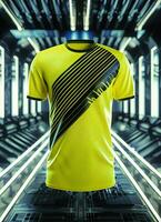 A yellow jersey with black stripes, showcased in a modern, sleek environment photo