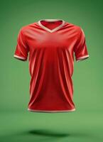 A red v-neck jersey mockup floating against a green background photo