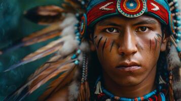 Native American man in traditional headdress, facing camera closely photo