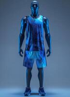 Mannequin wearing a blue and black basketball uniform photo