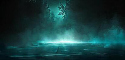 A path through a forest at night, illuminated by a mystical green light photo