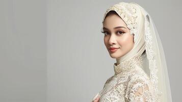 Beautiful Asian bride in a white lace gown and veil photo
