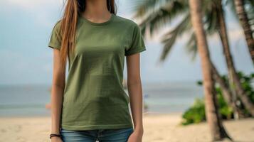 Woman in a green shirt on a beach photo