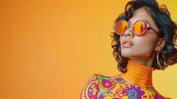 A beautiful Asian woman model poses in a colorful retro outfit against a vibrant yellow backdrop photo