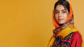 A beautiful woman model in a colorful scarf, posing against a bright yellow backdrop photo